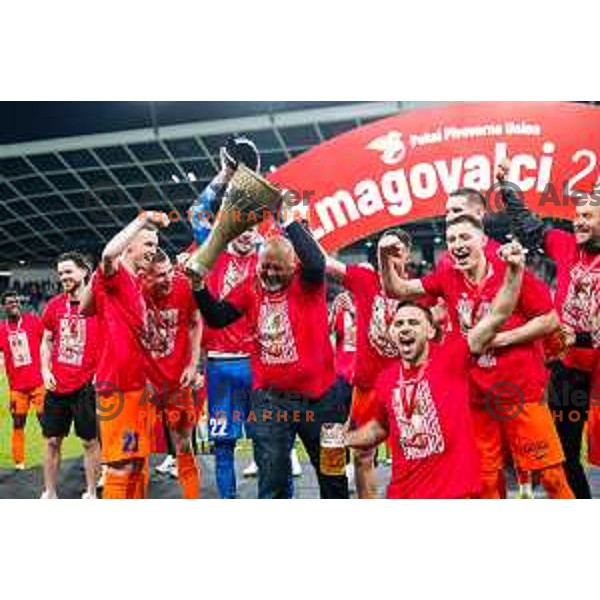 Valerij Kolotilo and players of Celje celebrate victory in The Final of Pivovarna Union Slovenian Cup football match between Koper and Celje in SRC Stozice, Ljubljana, Slovenia on May 14, 2025