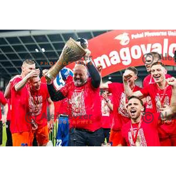 Valerij Kolotilo and players of Celje celebrate victory in The Final of Pivovarna Union Slovenian Cup football match between Koper and Celje in SRC Stozice, Ljubljana, Slovenia on May 14, 2025