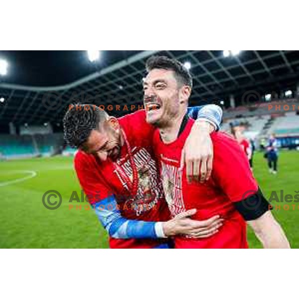 Players of Celje celebrate victory in The Final of Pivovarna Union Slovenian Cup football match between Koper and Celje in SRC Stozice, Ljubljana, Slovenia on May 14, 2025