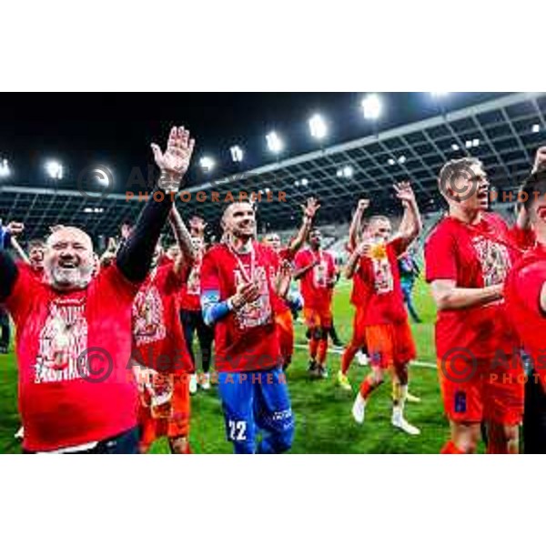 Valerij Kolotilo and players of Celje celebrate victory in The Final of Pivovarna Union Slovenian Cup football match between Koper and Celje in SRC Stozice, Ljubljana, Slovenia on May 14, 2025