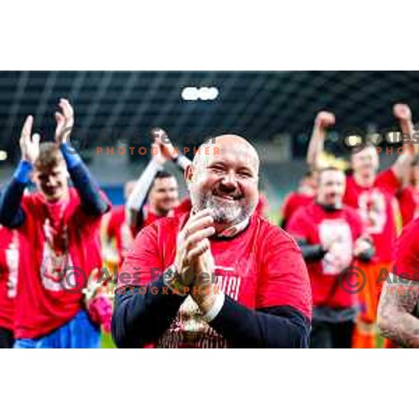 Valerij Kolotilo and players of Celje celebrate victory in The Final of Pivovarna Union Slovenian Cup football match between Koper and Celje in SRC Stozice, Ljubljana, Slovenia on May 14, 2025