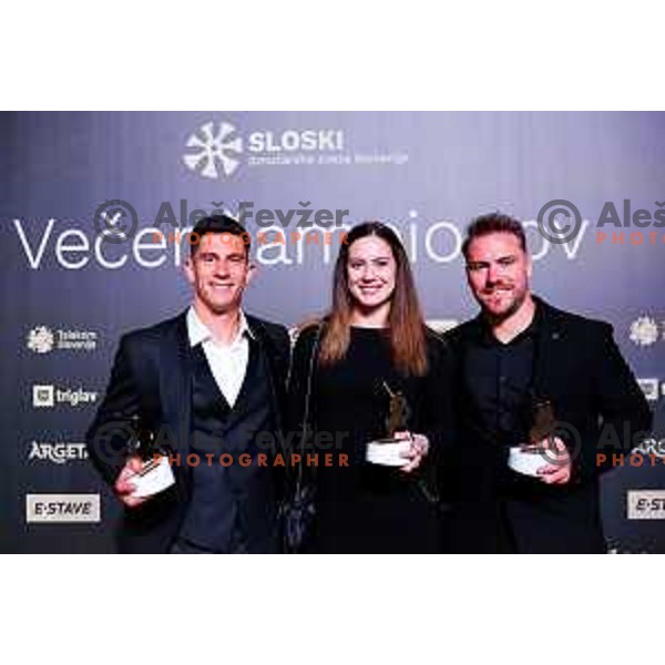 Zan Kranjec, Andreja Slokar and Miha Hrobat at the Night of the Champions, Slovenia Ski Federation Annual event in Ljubljana, Slovenia on May 15, 2025