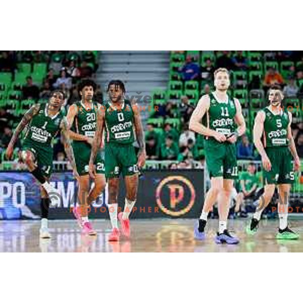 Devin Robinson, Joan Beringer, DJ Stewart, Jaka Blazic and Aleksej Nikolic of Cedevita Olimpija in action during Second match of Quarterfinals of AdmiralBet ABA League 2024/2025 between Cedevita Olimpija Ljubljana (SLO) and Dubai (UAE) in SRC Stozice, Ljubljana, Slovenia on May 16, 2025. Photo: Filip Barbalic