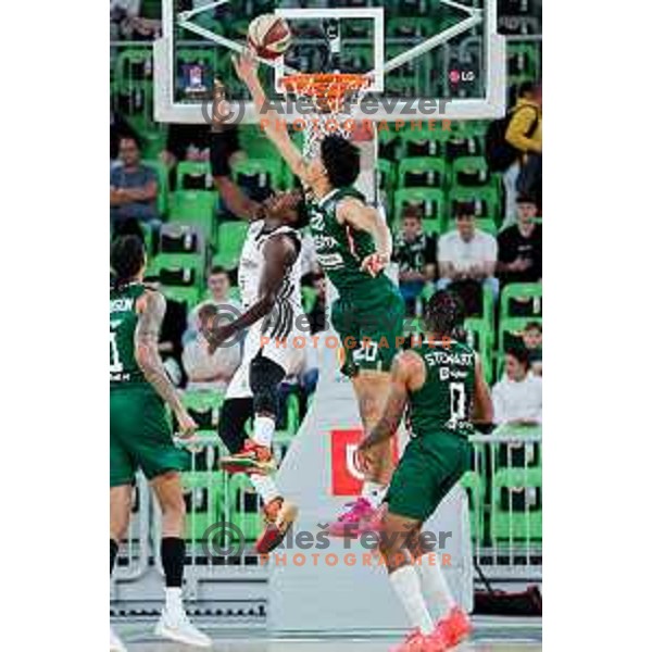 Awudu Abass of Dubai and Joan Beringer of Cedevita Olimpija in action during Second match of Quarterfinals of AdmiralBet ABA League 2024/2025 between Cedevita Olimpija Ljubljana (SLO) and Dubai (UAE) in SRC Stozice, Ljubljana, Slovenia on May 16, 2025. Photo: Filip Barbalic