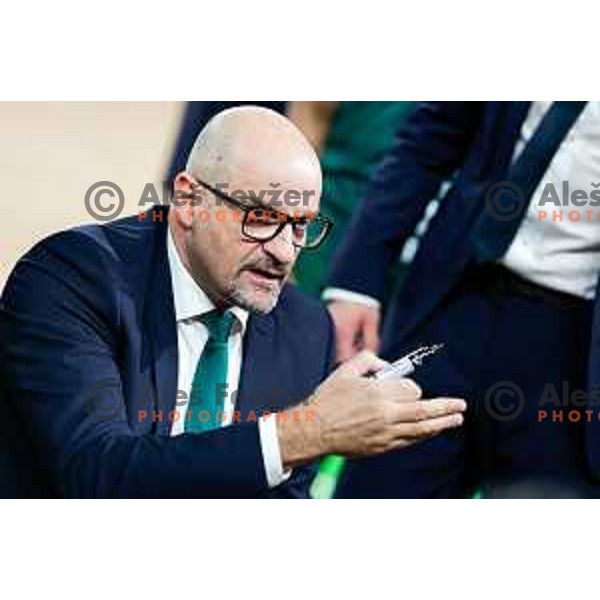 Head coach of Cedevita Olimpija, Zvezdan Mitrovic in action during Second match of Quarterfinals of AdmiralBet ABA League 2024/2025 between Cedevita Olimpija Ljubljana (SLO) and Dubai (UAE) in SRC Stozice, Ljubljana, Slovenia on May 16, 2025.