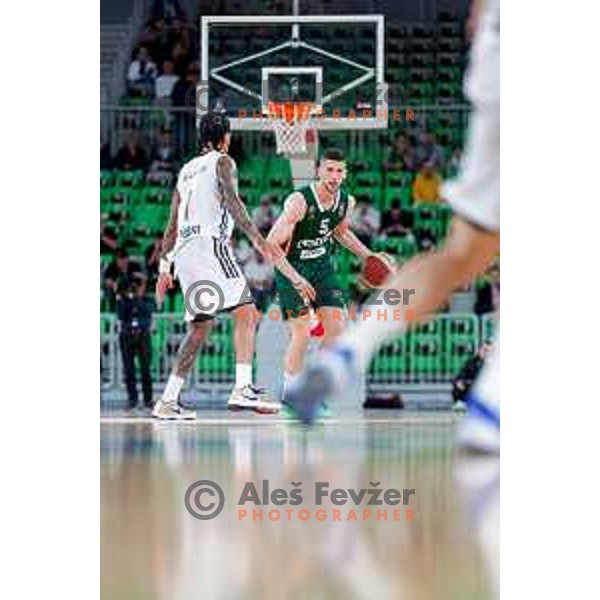 Aleksej Nikolic of Cedevita Olimpija in action during Second match of Quarterfinals of AdmiralBet ABA League 2024/2025 between Cedevita Olimpija Ljubljana (SLO) and Dubai (UAE) in SRC Stozice, Ljubljana, Slovenia on May 16, 2025.