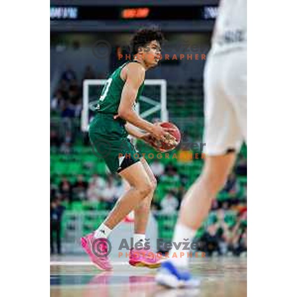 Joan Beringer of Cedevita Olimpija in action during Second match of Quarterfinals of AdmiralBet ABA League 2024/2025 between Cedevita Olimpija Ljubljana (SLO) and Dubai (UAE) in SRC Stozice, Ljubljana, Slovenia on May 16, 2025.