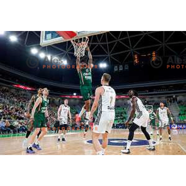Dewayne Stewart ml. of Cedevita Olimpija in action during Second match of Quarterfinals of AdmiralBet ABA League 2024/2025 between Cedevita Olimpija Ljubljana (SLO) and Dubai (UAE) in SRC Stozice, Ljubljana, Slovenia on May 16, 2025.