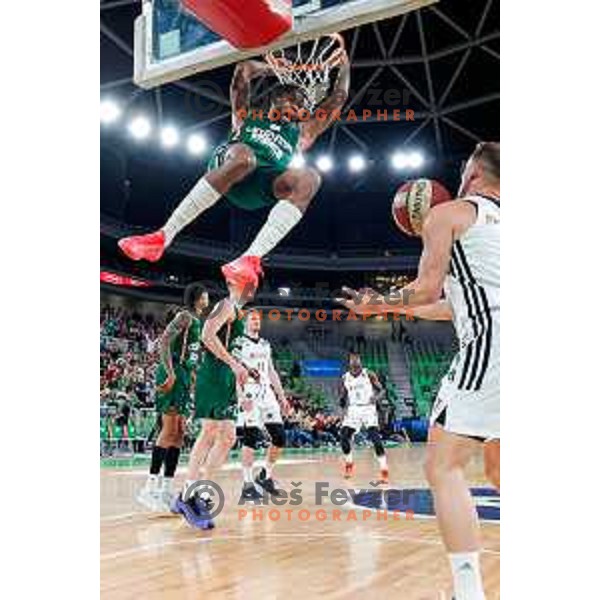 Dewayne Stewart ml. of Cedevita Olimpija in action during Second match of Quarterfinals of AdmiralBet ABA League 2024/2025 between Cedevita Olimpija Ljubljana (SLO) and Dubai (UAE) in SRC Stozice, Ljubljana, Slovenia on May 16, 2025.