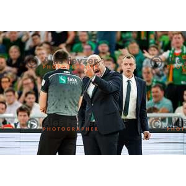 Head coach of Cedevita Olimpija, Zvezdan Mitrovic in action during Second match of Quarterfinals of AdmiralBet ABA League 2024/2025 between Cedevita Olimpija Ljubljana (SLO) and Dubai (UAE) in SRC Stozice, Ljubljana, Slovenia on May 16, 2025.