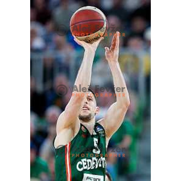 Aleksej Nikolic of Cedevita Olimpija in action during Second match of Quarterfinals of AdmiralBet ABA League 2024/2025 between Cedevita Olimpija Ljubljana (SLO) and Dubai (UAE) in SRC Stozice, Ljubljana, Slovenia on May 16, 2025.