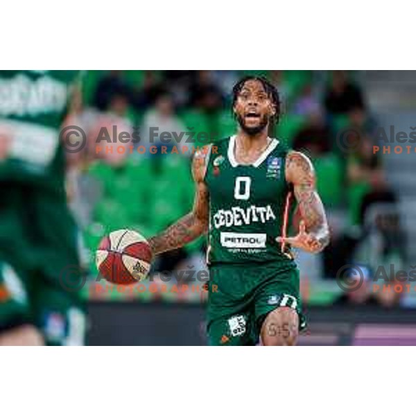 Dewayne Stewart ml. of Cedevita Olimpija in action during Second match of Quarterfinals of AdmiralBet ABA League 2024/2025 between Cedevita Olimpija Ljubljana (SLO) and Dubai (UAE) in SRC Stozice, Ljubljana, Slovenia on May 16, 2025.