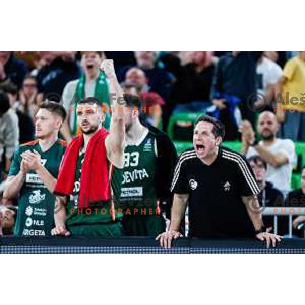 in action during Second match of Quarterfinals of AdmiralBet ABA League 2024/2025 between Cedevita Olimpija Ljubljana (SLO) and Dubai (UAE) in SRC Stozice, Ljubljana, Slovenia on May 16, 2025.