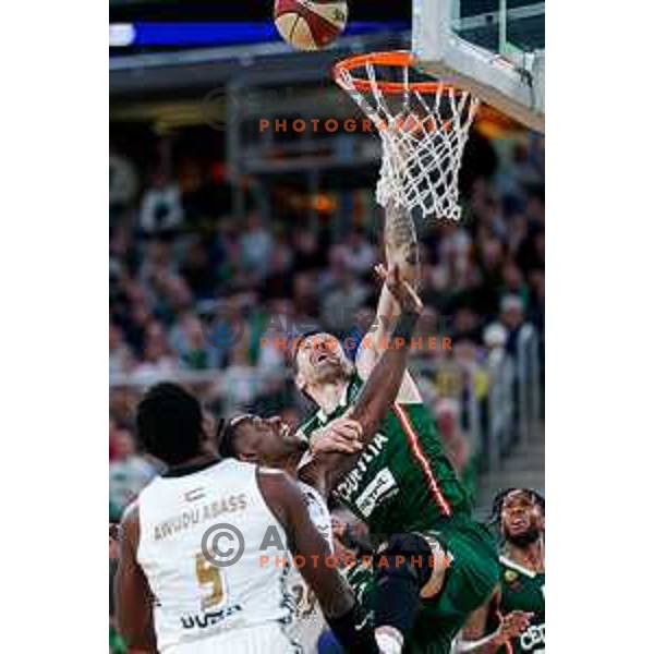 Andrija Stipanovic of Cedevita Olimpija in action during Second match of Quarterfinals of AdmiralBet ABA League 2024/2025 between Cedevita Olimpija Ljubljana (SLO) and Dubai (UAE) in SRC Stozice, Ljubljana, Slovenia on May 16, 2025.