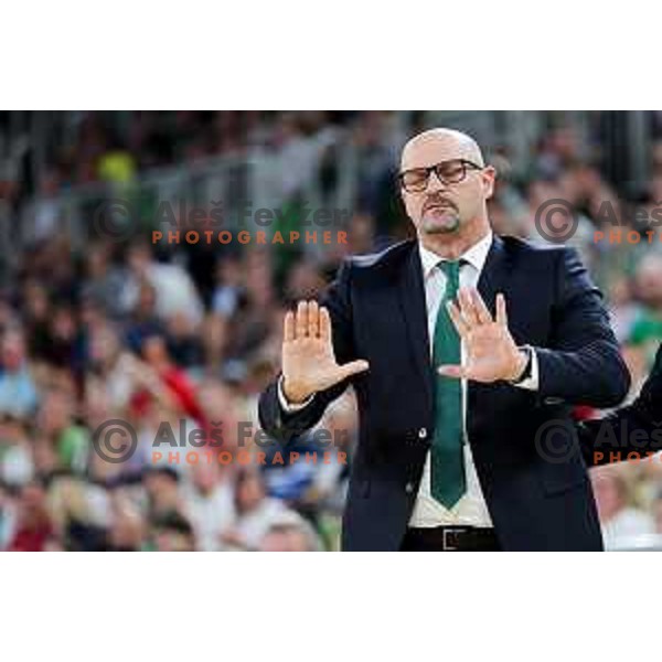 Head coach of Cedevita Olimpija, Zvezdan Mitrovic in action during Second match of Quarterfinals of AdmiralBet ABA League 2024/2025 between Cedevita Olimpija Ljubljana (SLO) and Dubai (UAE) in SRC Stozice, Ljubljana, Slovenia on May 16, 2025. Photo: Filip Barbalic