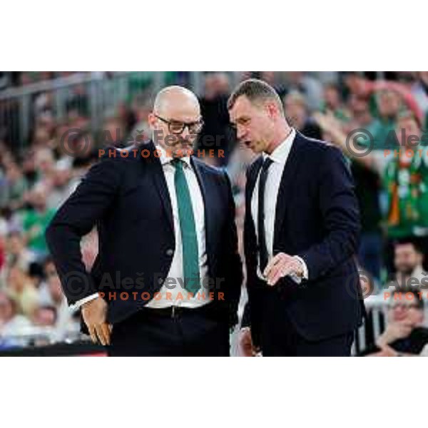Head coach of Cedevita Olimpija, Zvezdan Mitrovic and assistant coach of Cedevita Olimpija, Djordje Adzic in action during Second match of Quarterfinals of AdmiralBet ABA League 2024/2025 between Cedevita Olimpija Ljubljana (SLO) and Dubai (UAE) in SRC Stozice, Ljubljana, Slovenia on May 16, 2025. Photo: Filip Barbalic