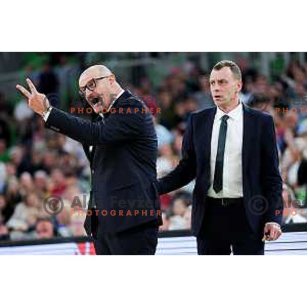 Head coach of Cedevita Olimpija, Zvezdan Mitrovic in action during Second match of Quarterfinals of AdmiralBet ABA League 2024/2025 between Cedevita Olimpija Ljubljana (SLO) and Dubai (UAE) in SRC Stozice, Ljubljana, Slovenia on May 16, 2025. Photo: Filip Barbalic