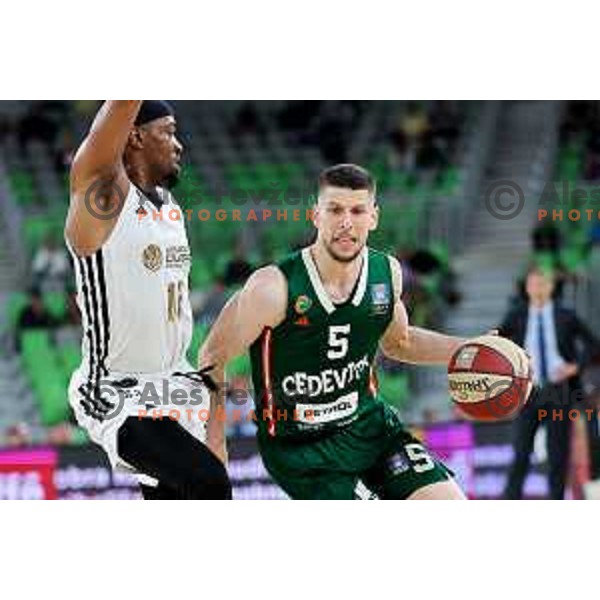 Aleksej Nikolic of Cedevita Olimpija in action during Second match of Quarterfinals of AdmiralBet ABA League 2024/2025 between Cedevita Olimpija Ljubljana (SLO) and Dubai (UAE) in SRC Stozice, Ljubljana, Slovenia on May 16, 2025. Photo: Filip Barbalic