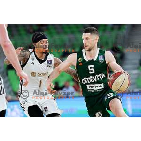 Aleksej Nikolic of Cedevita Olimpija in action during Second match of Quarterfinals of AdmiralBet ABA League 2024/2025 between Cedevita Olimpija Ljubljana (SLO) and Dubai (UAE) in SRC Stozice, Ljubljana, Slovenia on May 16, 2025. Photo: Filip Barbalic
