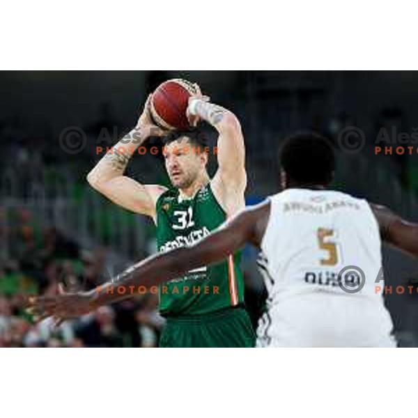 Andrija Stipanovic of Cedevita Olimpija in action during Second match of Quarterfinals of AdmiralBet ABA League 2024/2025 between Cedevita Olimpija Ljubljana (SLO) and Dubai (UAE) in SRC Stozice, Ljubljana, Slovenia on May 16, 2025. Photo: Filip Barbalic