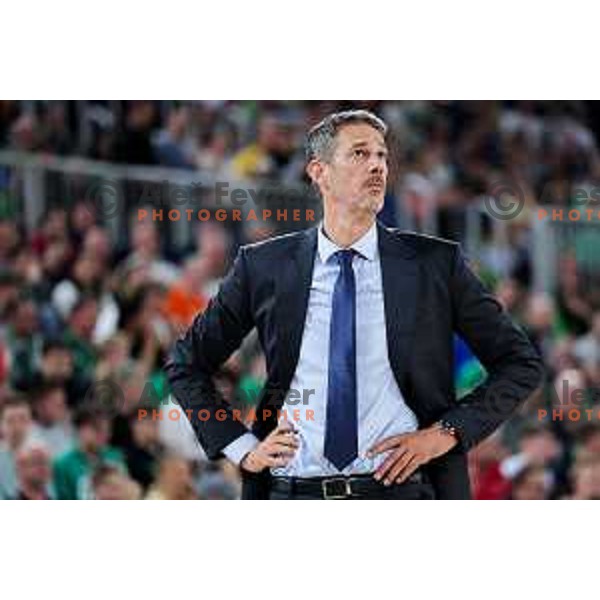 Head coach of Dubai, Jurica Golemac in action during Second match of Quarterfinals of AdmiralBet ABA League 2024/2025 between Cedevita Olimpija Ljubljana (SLO) and Dubai (UAE) in SRC Stozice, Ljubljana, Slovenia on May 16, 2025. Photo: Filip Barbalic