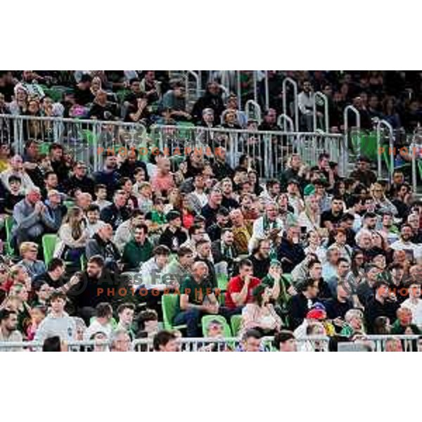 Fans of Cedevita Olimpija during Second match of Quarterfinals of AdmiralBet ABA League 2024/2025 between Cedevita Olimpija Ljubljana (SLO) and Dubai (UAE) in SRC Stozice, Ljubljana, Slovenia on May 16, 2025. Photo: Filip Barbalic