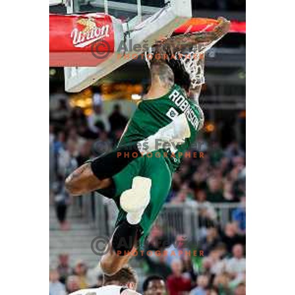 Devin Robinson of Cedevita Olimpija in action during Second match of Quarterfinals of AdmiralBet ABA League 2024/2025 between Cedevita Olimpija Ljubljana (SLO) and Dubai (UAE) in SRC Stozice, Ljubljana, Slovenia on May 16, 2025. Photo: Filip Barbalic