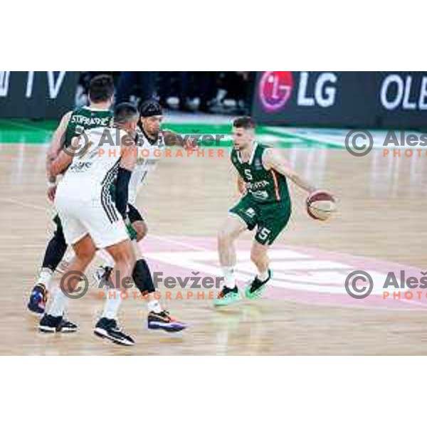 Aleksej Nikolic of Cedevita Olimpija in action during Second match of Quarterfinals of AdmiralBet ABA League 2024/2025 between Cedevita Olimpija Ljubljana (SLO) and Dubai (UAE) in SRC Stozice, Ljubljana, Slovenia on May 16, 2025.