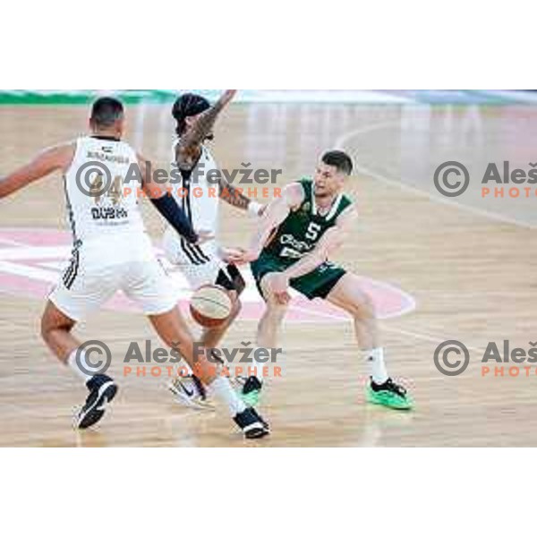 Aleksej Nikolic of Cedevita Olimpija in action during Second match of Quarterfinals of AdmiralBet ABA League 2024/2025 between Cedevita Olimpija Ljubljana (SLO) and Dubai (UAE) in SRC Stozice, Ljubljana, Slovenia on May 16, 2025.