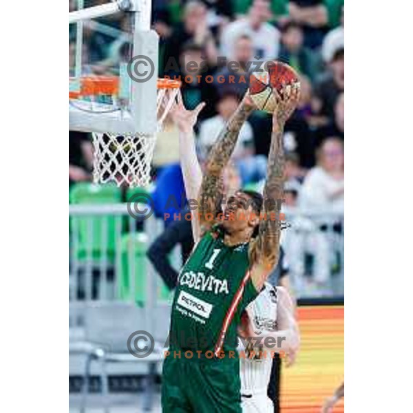 Devin Robinson of Cedevita Olimpija in action during Second match of Quarterfinals of AdmiralBet ABA League 2024/2025 between Cedevita Olimpija Ljubljana (SLO) and Dubai (UAE) in SRC Stozice, Ljubljana, Slovenia on May 16, 2025.