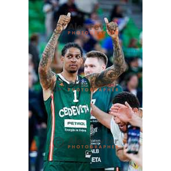 Devin Robinson of Cedevita Olimpija in action during Second match of Quarterfinals of AdmiralBet ABA League 2024/2025 between Cedevita Olimpija Ljubljana (SLO) and Dubai (UAE) in SRC Stozice, Ljubljana, Slovenia on May 16, 2025.