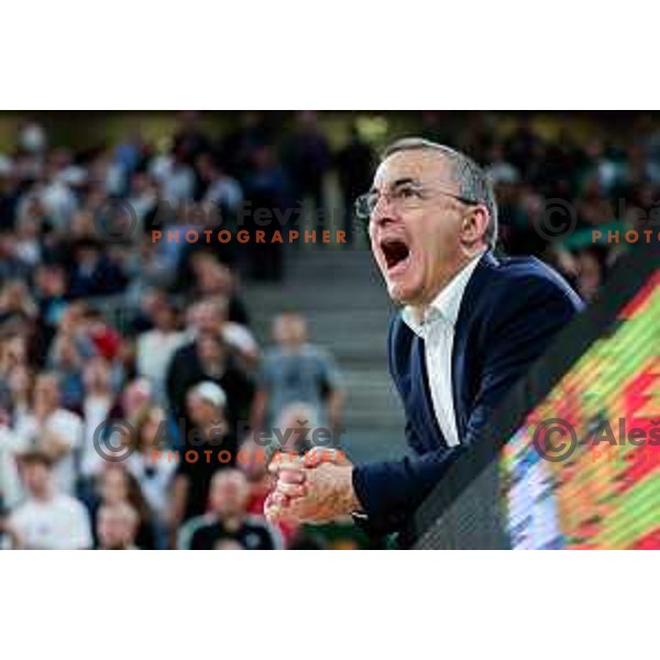 Sports director of Cedevita Olimpija, Chechu Mulero in action during Second match of Quarterfinals of AdmiralBet ABA League 2024/2025 between Cedevita Olimpija Ljubljana (SLO) and Dubai (UAE) in SRC Stozice, Ljubljana, Slovenia on May 16, 2025.