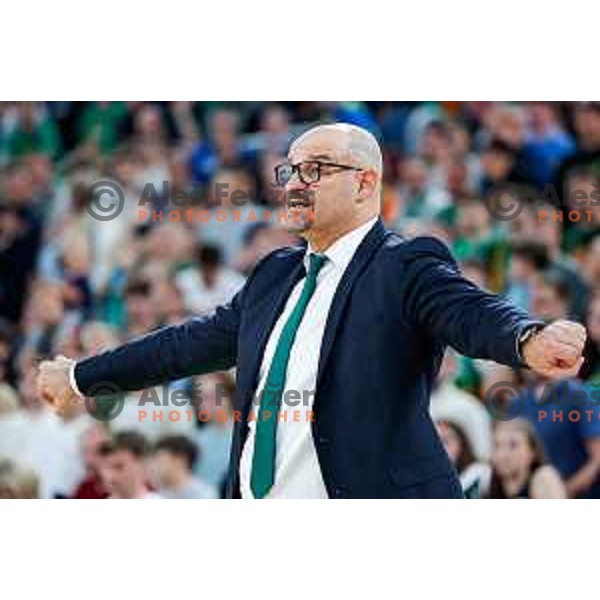 Head coach of Cedevita Olimpija, Zvezdan Mitrovic in action during Second match of Quarterfinals of AdmiralBet ABA League 2024/2025 between Cedevita Olimpija Ljubljana (SLO) and Dubai (UAE) in SRC Stozice, Ljubljana, Slovenia on May 16, 2025.
