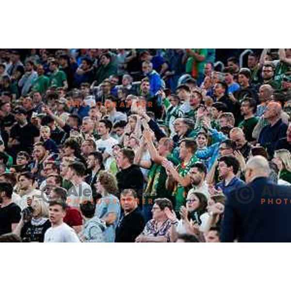 Cedevita Olimpija fans in action during Second match of Quarterfinals of AdmiralBet ABA League 2024/2025 between Cedevita Olimpija Ljubljana (SLO) and Dubai (UAE) in SRC Stozice, Ljubljana, Slovenia on May 16, 2025.