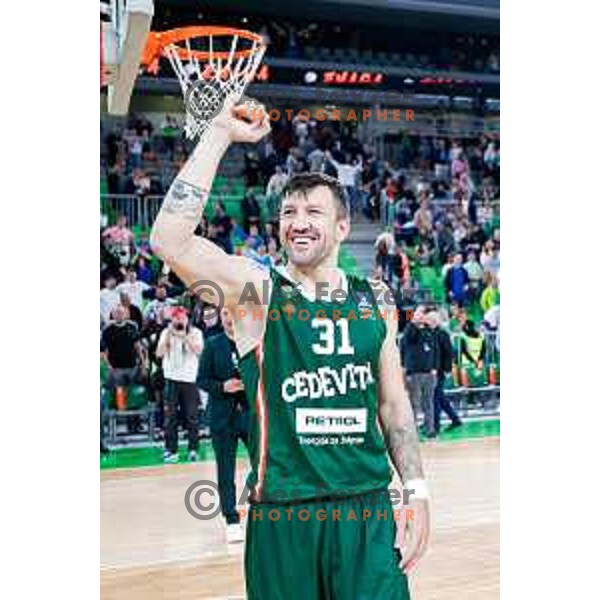 Andrija Stipanovic of Cedevita Olimpija in action during Second match of Quarterfinals of AdmiralBet ABA League 2024/2025 between Cedevita Olimpija Ljubljana (SLO) and Dubai (UAE) in SRC Stozice, Ljubljana, Slovenia on May 16, 2025.