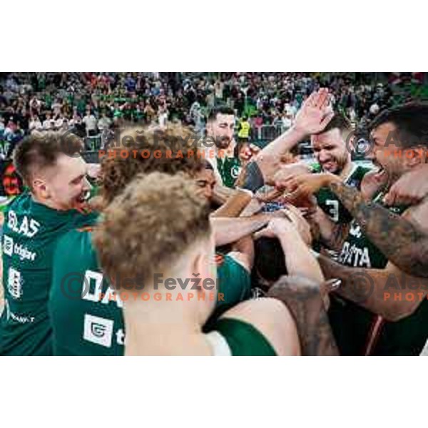 Players of Cedevita Olimpija celebrate win in Second match of Quarterfinals of AdmiralBet ABA League 2024/2025 between Cedevita Olimpija Ljubljana (SLO) and Dubai (UAE) in SRC Stozice, Ljubljana, Slovenia on May 16, 2025. Photo: Filip Barbalic