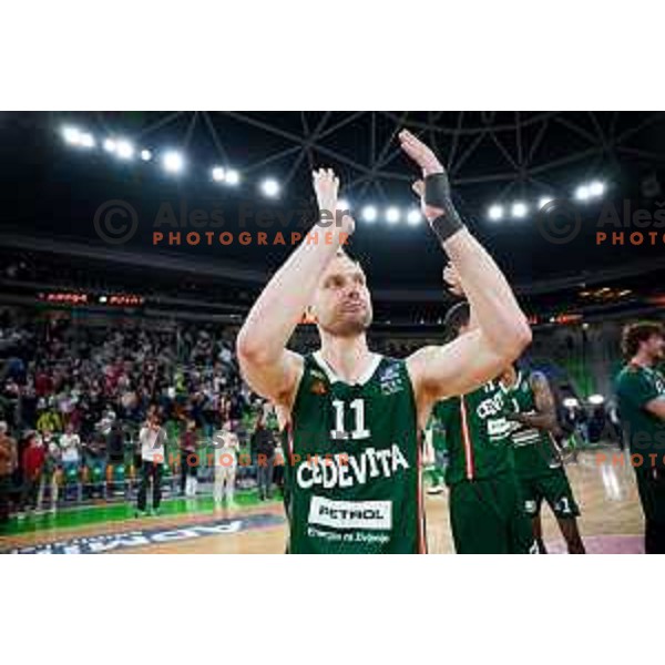 Jaka Blazic of Cedevita Olimpija celebrates win in Second match of Quarterfinals of AdmiralBet ABA League 2024/2025 between Cedevita Olimpija Ljubljana (SLO) and Dubai (UAE) in SRC Stozice, Ljubljana, Slovenia on May 16, 2025. Photo: Filip Barbalic