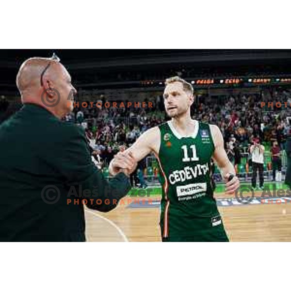 Jaka Blazic of Cedevita Olimpija celebrates win in Second match of Quarterfinals of AdmiralBet ABA League 2024/2025 between Cedevita Olimpija Ljubljana (SLO) and Dubai (UAE) in SRC Stozice, Ljubljana, Slovenia on May 16, 2025. Photo: Filip Barbalic