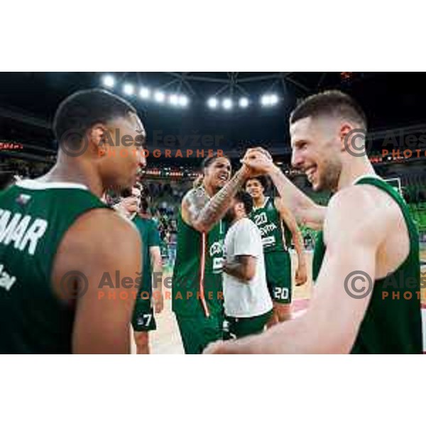 Devin Robinson and Aleksej Nikolic of Cedevita Olimpija celebrate win in Second match of Quarterfinals of AdmiralBet ABA League 2024/2025 between Cedevita Olimpija Ljubljana (SLO) and Dubai (UAE) in SRC Stozice, Ljubljana, Slovenia on May 16, 2025. Photo: Filip Barbalic
