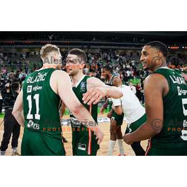Jaka Blazic and Aleksej Nikolic of Cedevita Olimpija celebrate win in Second match of Quarterfinals of AdmiralBet ABA League 2024/2025 between Cedevita Olimpija Ljubljana (SLO) and Dubai (UAE) in SRC Stozice, Ljubljana, Slovenia on May 16, 2025. Photo: Filip Barbalic
