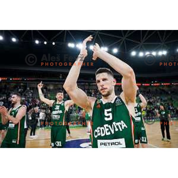 Aleksej Nikolic of Cedevita Olimpija celebrates win in Second match of Quarterfinals of AdmiralBet ABA League 2024/2025 between Cedevita Olimpija Ljubljana (SLO) and Dubai (UAE) in SRC Stozice, Ljubljana, Slovenia on May 16, 2025. Photo: Filip Barbalic