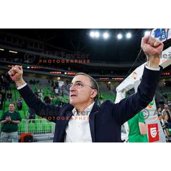 Sports director of Cedevita Olimpija, Chechu Mulero celebrates win in Second match of Quarterfinals of AdmiralBet ABA League 2024/2025 between Cedevita Olimpija Ljubljana (SLO) and Dubai (UAE) in SRC Stozice, Ljubljana, Slovenia on May 16, 2025. Photo: Filip Barbalic