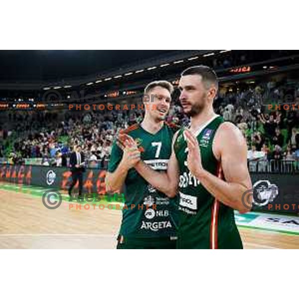 Gregor Glas and Rok Radovic of Cedevita Olimpija celebrate win in Second match of Quarterfinals of AdmiralBet ABA League 2024/2025 between Cedevita Olimpija Ljubljana (SLO) and Dubai (UAE) in SRC Stozice, Ljubljana, Slovenia on May 16, 2025. Photo: Filip Barbalic