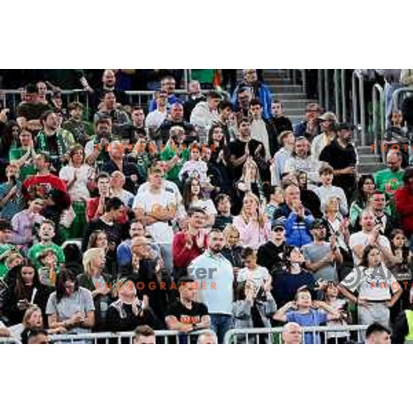 Fans of Cedevita Olimpija during Second match of Quarterfinals of AdmiralBet ABA League 2024/2025 between Cedevita Olimpija Ljubljana (SLO) and Dubai (UAE) in SRC Stozice, Ljubljana, Slovenia on May 16, 2025. Photo: Filip Barbalic