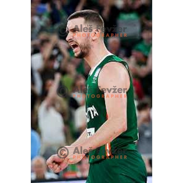 Rok Radovic of Cedevita Olimpija celebrates win in Second match of Quarterfinals of AdmiralBet ABA League 2024/2025 between Cedevita Olimpija Ljubljana (SLO) and Dubai (UAE) in SRC Stozice, Ljubljana, Slovenia on May 16, 2025. Photo: Filip Barbalic