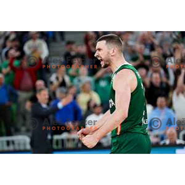 Rok Radovic of Cedevita Olimpija celebrates win in Second match of Quarterfinals of AdmiralBet ABA League 2024/2025 between Cedevita Olimpija Ljubljana (SLO) and Dubai (UAE) in SRC Stozice, Ljubljana, Slovenia on May 16, 2025. Photo: Filip Barbalic