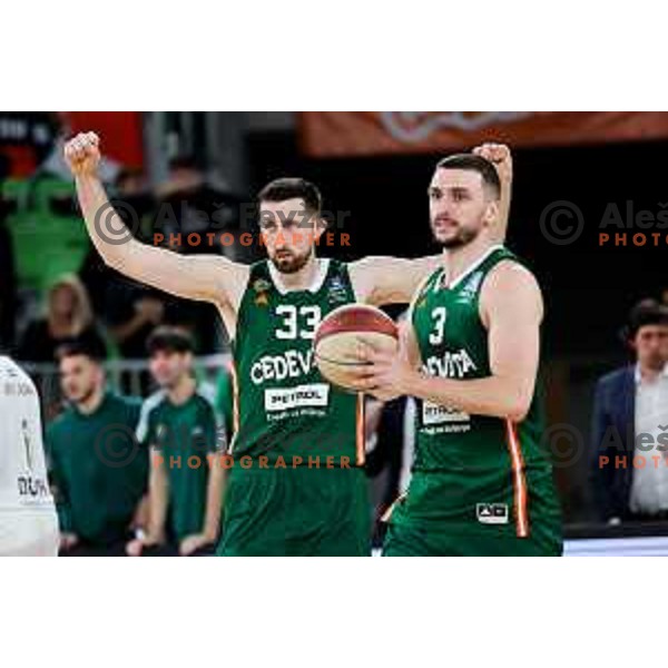 Danilo Tasic of Cedevita Olimpija celebrates win in Second match of Quarterfinals of AdmiralBet ABA League 2024/2025 between Cedevita Olimpija Ljubljana (SLO) and Dubai (UAE) in SRC Stozice, Ljubljana, Slovenia on May 16, 2025. Photo: Filip Barbalic