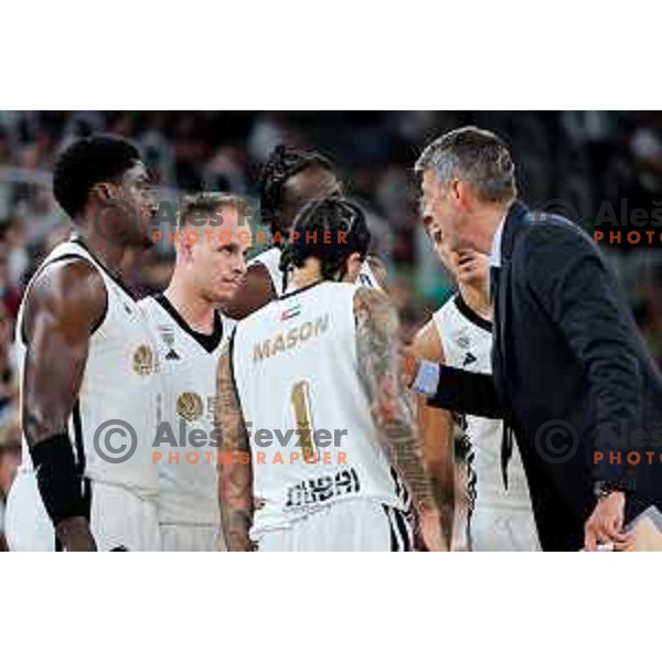 Klemen Prepelic and players of Dubai in action during Second match of Quarterfinals of AdmiralBet ABA League 2024/2025 between Cedevita Olimpija Ljubljana (SLO) and Dubai (UAE) in SRC Stozice, Ljubljana, Slovenia on May 16, 2025. Photo: Filip Barbalic