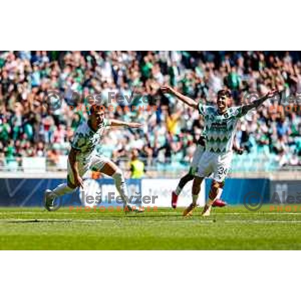 Marcel Ratnik and players of Olimpija celebrate goal during Prva liga Telemach 2024/2025 football match between Olimpija and Kalcer Radomlje in Ljubljana, Slovenia on May 17, 2025