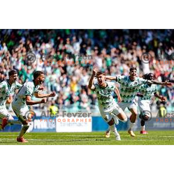 Marcel Ratnik and players of Olimpija celebrate goal during Prva liga Telemach 2024/2025 football match between Olimpija and Kalcer Radomlje in Ljubljana, Slovenia on May 17, 2025